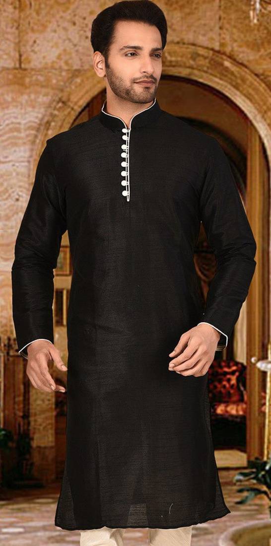 black dupion art silk  kurta with  pattern work and 8 button
