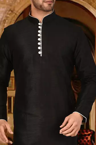 black dupion art silk  kurta with  pattern work and 8 button