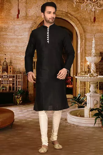 black dupion art silk  kurta with  pattern work and 8 button