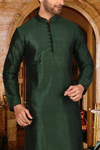 bottle green dupion art silk  kurta with  pattern work and 8 button