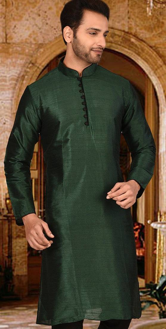 bottle green dupion art silk  kurta with  pattern work and 8 button