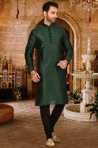 bottle green dupion art silk  kurta with  pattern work and 8 button
