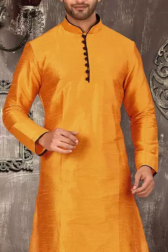mustard dupion art silk  kurta with  pattern work and 8 button