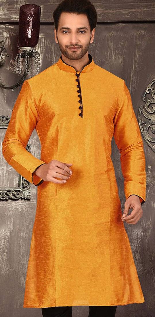 mustard dupion art silk  kurta with  pattern work and 8 button