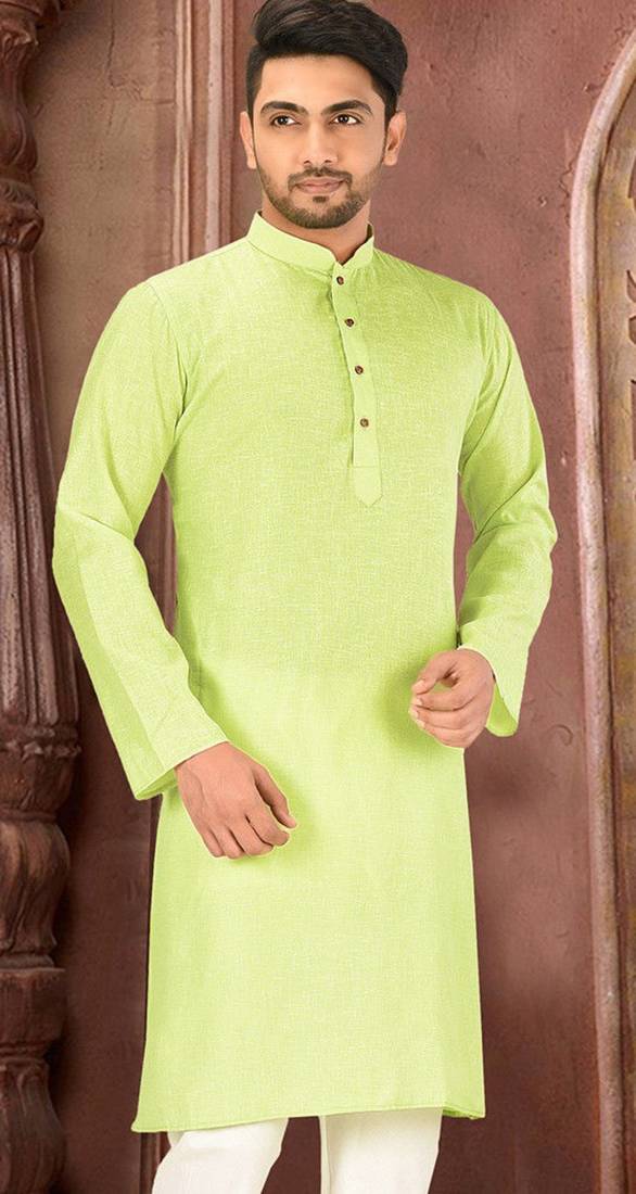 green slub cotton  kurta with  pattern work&wooden button
