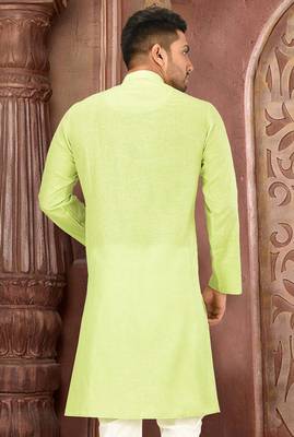 green slub cotton  kurta with  pattern work&wooden button 2