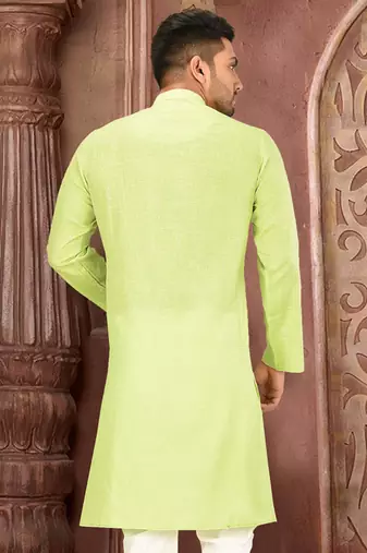 green slub cotton  kurta with  pattern work&wooden button
