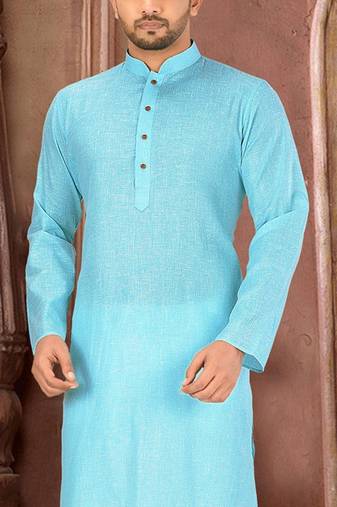 sky blue slub cotton  kurta with  pattern work&wooden button