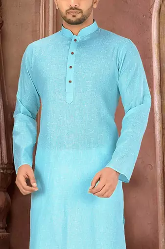 sky blue slub cotton  kurta with  pattern work&wooden button