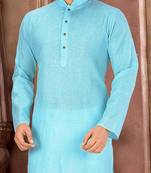 sky blue slub cotton  kurta with  pattern work&wooden button