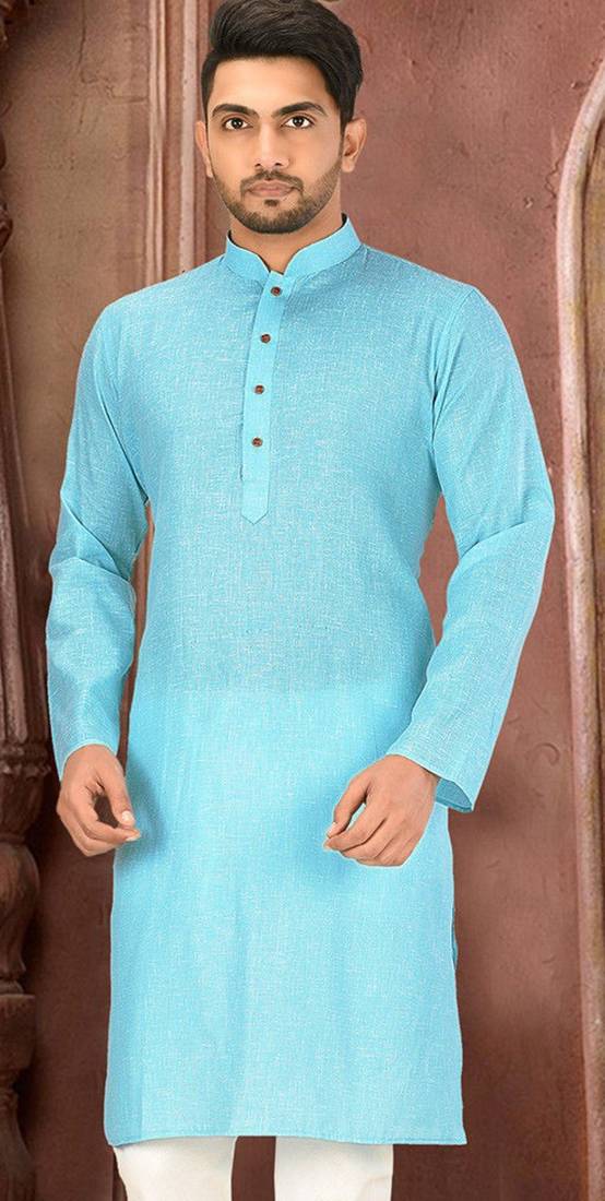 sky blue slub cotton  kurta with  pattern work&wooden button