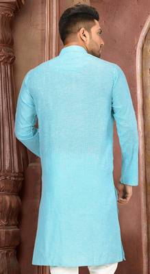 sky blue slub cotton  kurta with  pattern work&wooden button 2