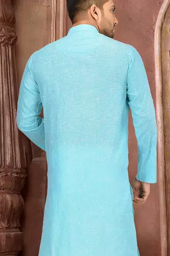 sky blue slub cotton  kurta with  pattern work&wooden button