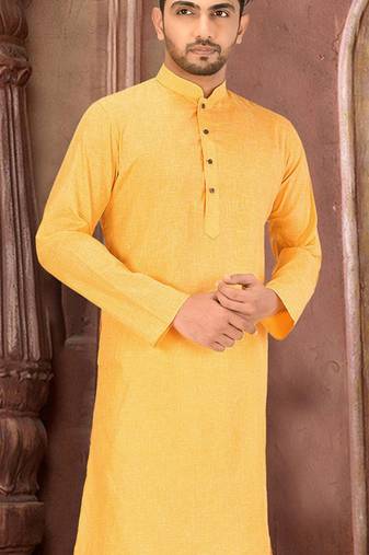 Yellow slub cotton  kurta with  pattern work&wooden button