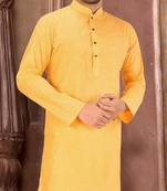 Yellow slub cotton  kurta with  pattern work&wooden button