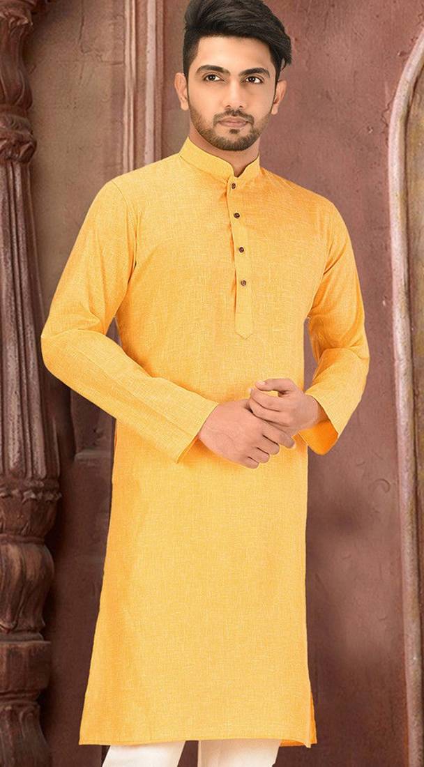 Yellow slub cotton  kurta with  pattern work&wooden button