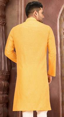 Yellow slub cotton  kurta with  pattern work&wooden button 2