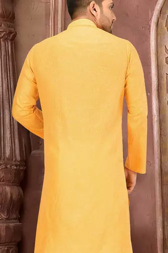 Yellow slub cotton  kurta with  pattern work&wooden button