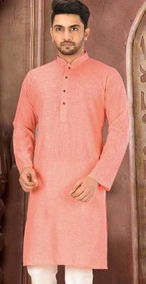 peach slub cotton  kurta with  pattern work&wooden button 1