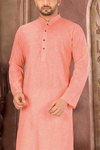 peach slub cotton  kurta with  pattern work&wooden button