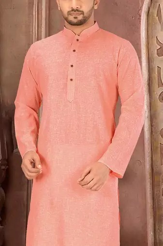 peach slub cotton  kurta with  pattern work&wooden button