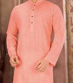 peach slub cotton  kurta with  pattern work&wooden button
