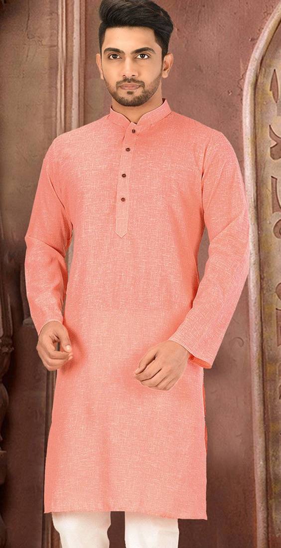 peach slub cotton  kurta with  pattern work&wooden button