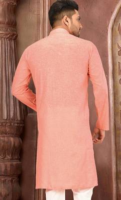 peach slub cotton  kurta with  pattern work&wooden button 2