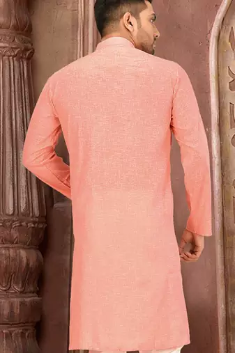peach slub cotton  kurta with  pattern work&wooden button