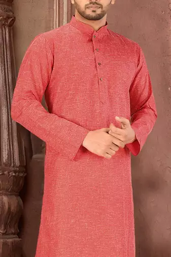 red slub cotton  kurta with  pattern work&wooden button
