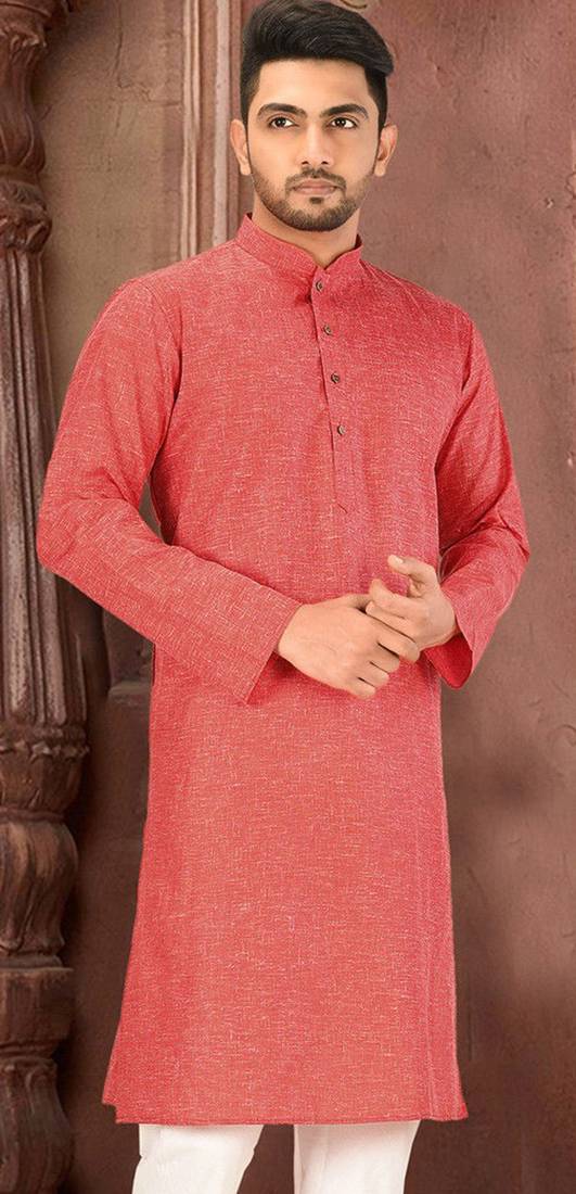 red slub cotton  kurta with  pattern work&wooden button