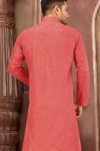 red slub cotton  kurta with  pattern work&wooden button