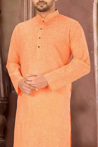 orange slub cotton  kurta with  pattern work&wooden button