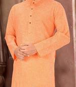 orange slub cotton  kurta with  pattern work&wooden button