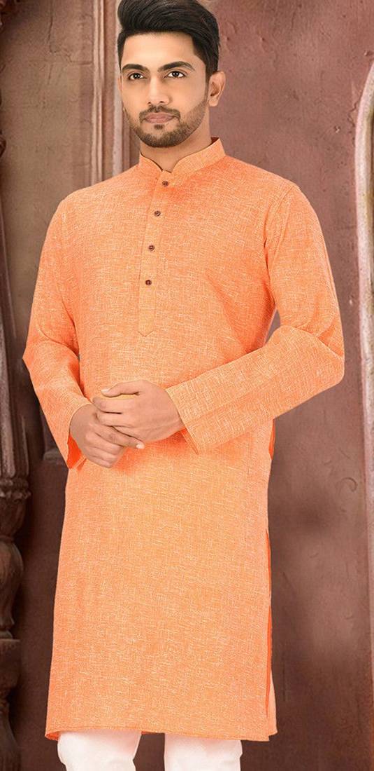 orange slub cotton  kurta with  pattern work&wooden button