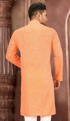 orange slub cotton  kurta with  pattern work&wooden button 2