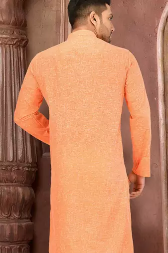 orange slub cotton  kurta with  pattern work&wooden button
