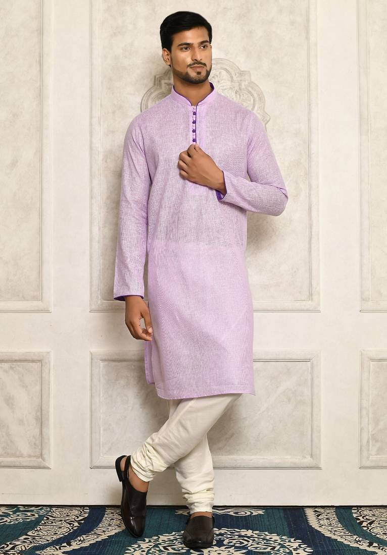 Purple cotton  kurta with  pipein work and hand made buttons