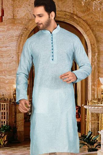 Sky blue cotton  kurta with  pipein work and hand made buttons
