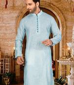 Sky blue cotton  kurta with  pipein work and hand made buttons