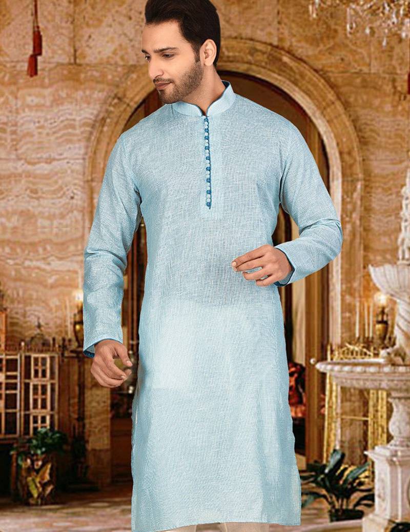 Sky blue cotton  kurta with  pipein work and hand made buttons
