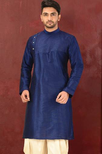 Navy blue dupion art silk  kurta with machine dk work in front and hand