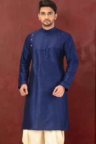 Navy blue dupion art silk  kurta with machine dk work in front and hand