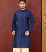 Navy blue dupion art silk  kurta with machine dk work in front and hand