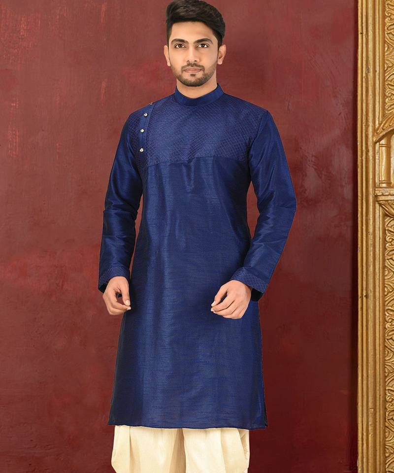 Navy blue dupion art silk  kurta with machine dk work in front and hand