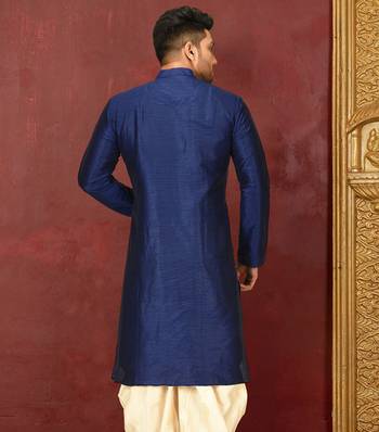 Navy blue dupion art silk  kurta with machine dk work in front and hand 2