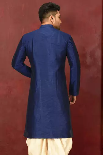 Navy blue dupion art silk  kurta with machine dk work in front and hand