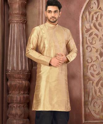 Beige  dupion art silk  kurta with machine dk work in front and hand 1