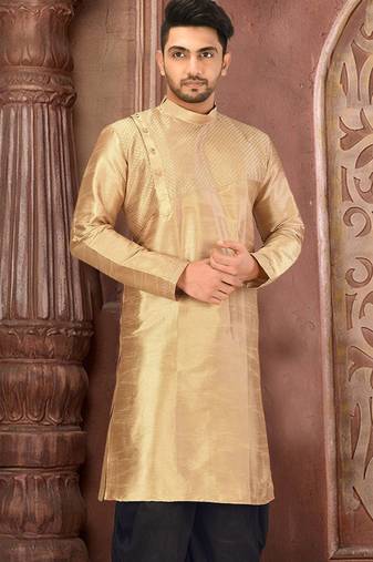 Beige  dupion art silk  kurta with machine dk work in front and hand