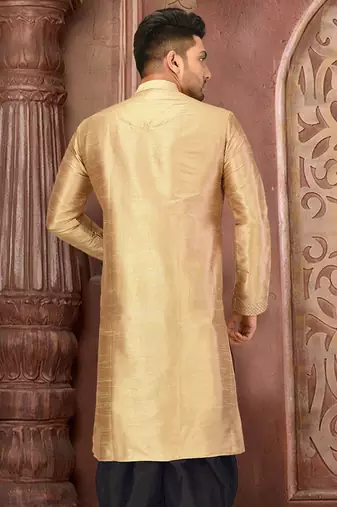 Beige  dupion art silk  kurta with machine dk work in front and hand